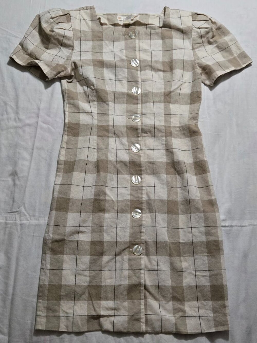 Vintage 90s Architect Linen Cotton Plaid Button Front Dress Shoulder Pads 6